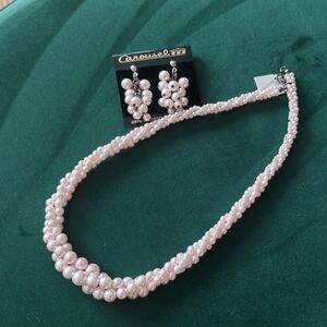 Pink/White Faux Pearl Twisted Necklace and Matching Earrings